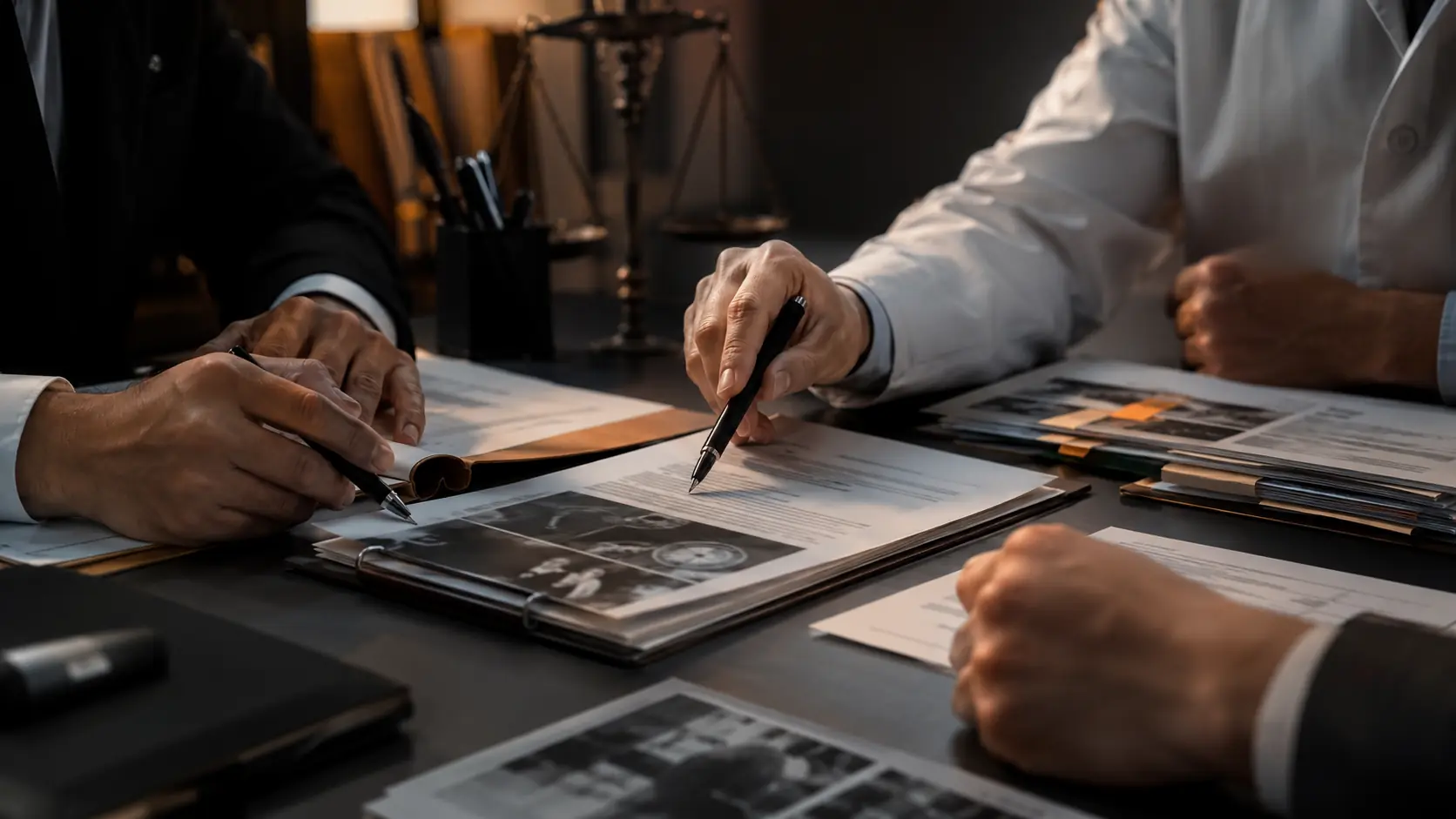 Mesa de trabalho jurídico com documentos técnicos, lupa e iluminação âmbar